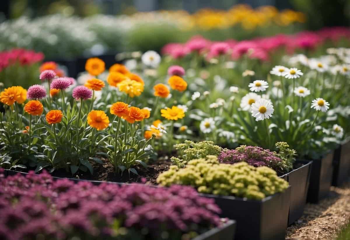 A garden with different sections for various flowers, each marked with signs for crop rotation