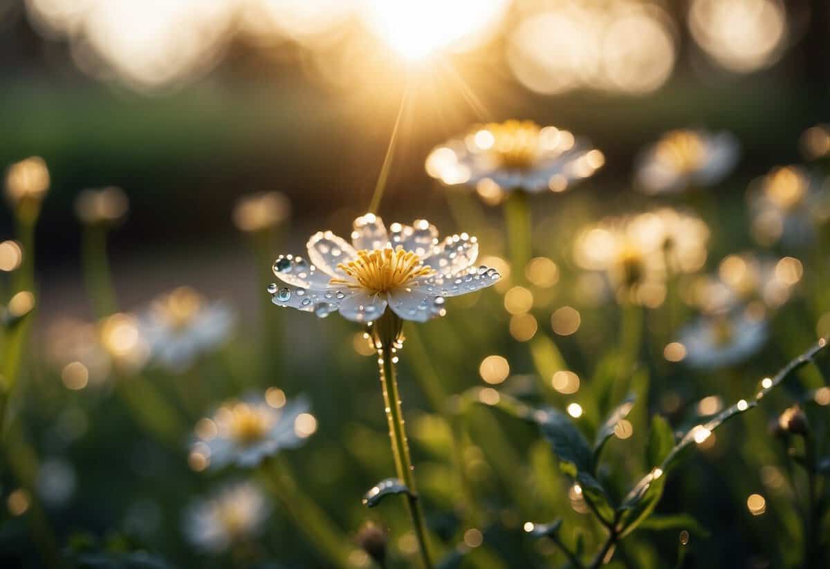 Morning sunlight glistens on dewy flowers in a serene garden. Water droplets cling to delicate petals, reflecting the soft, golden light