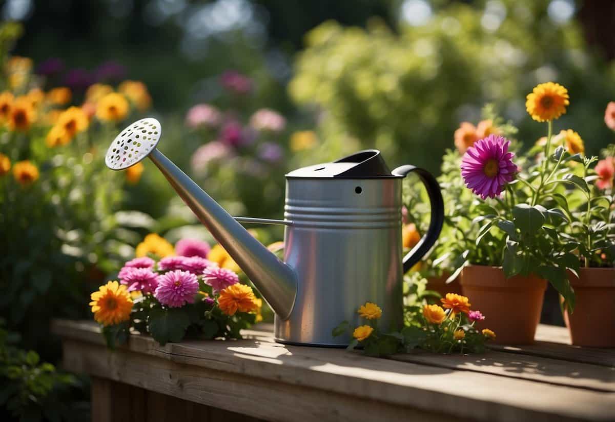 A vibrant flower garden bathed in sunlight, with colorful blooms and lush greenery. A watering can and gardening tools are scattered around, hinting at the care and attention given to the plants