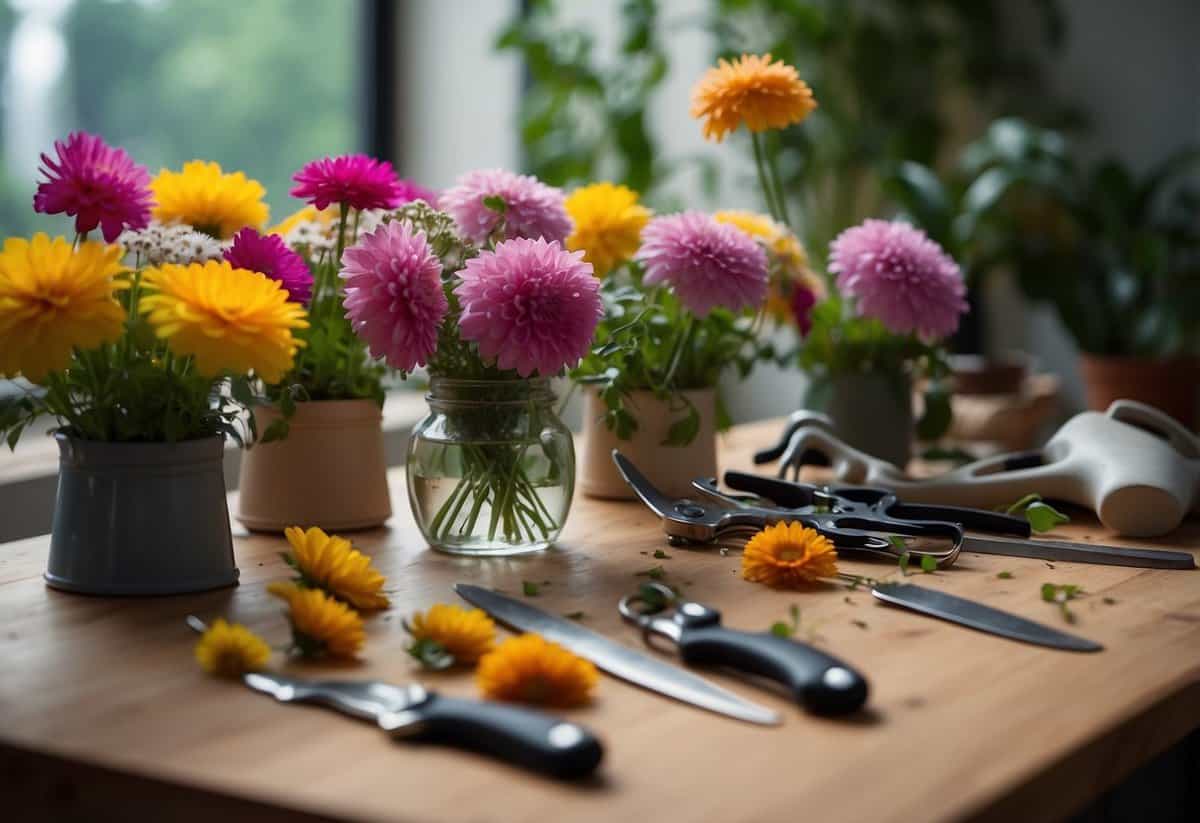 Vibrant blooms arranged in vases, with water and plant food nearby. Pruning shears and gloves rest on a workbench, surrounded by colorful petals and greenery