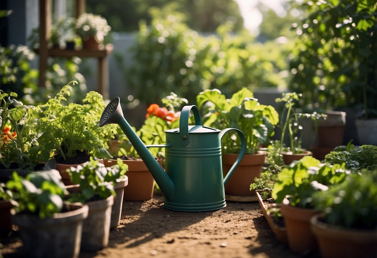 Lush green garden with rows of vibrant vegetables, a watering can, and gardening tools scattered around. Sunlight filters through the leaves, creating a tranquil and inviting atmosphere