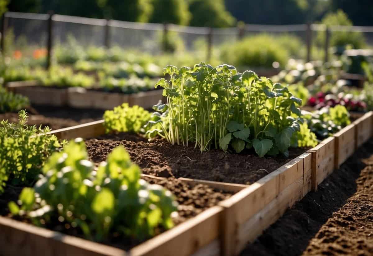 A small vegetable garden with easy-to-grow veggies, neatly arranged in raised beds with labeled rows, surrounded by a fence to keep out pests