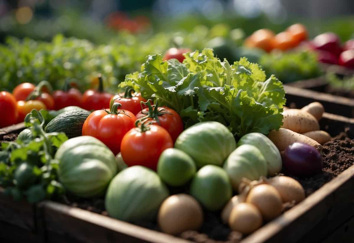 A variety of compact vegetables arranged in a small garden, with clear labeling and spacing for optimal growth