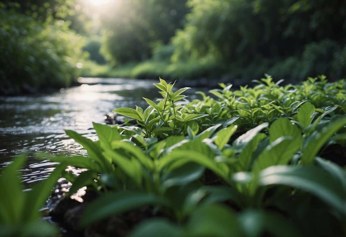 Lush green plants grow in neat rows, surrounded by a gentle stream of water