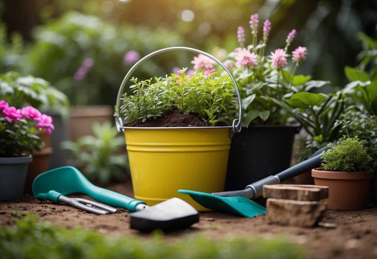 A colorful bucket sits in a lush garden, surrounded by gardening tools and plants