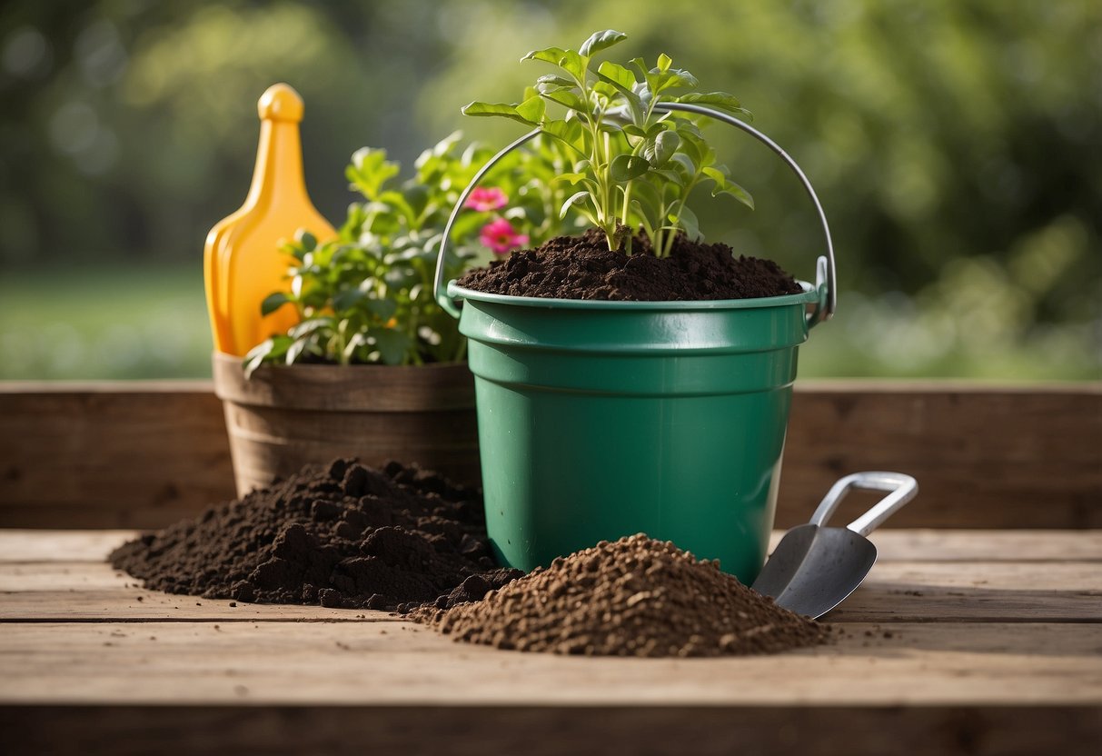 A bucket filled with soil, next to a bag of fertilizer. A trowel and gardening gloves sit nearby