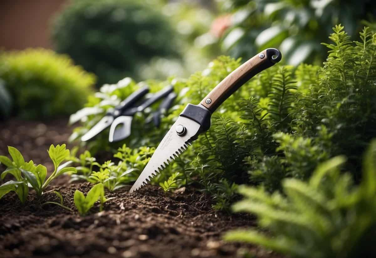 Lush garden with neatly trimmed plants and trees, scattered pruning shears and a pile of trimmings