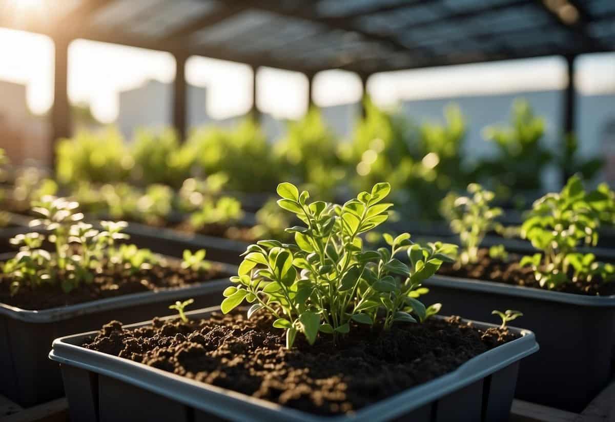 Vibrant green plants thrive in a rooftop garden, surrounded by bags of quality potting soil. Sunlight filters through the leaves, creating a peaceful and lush scene