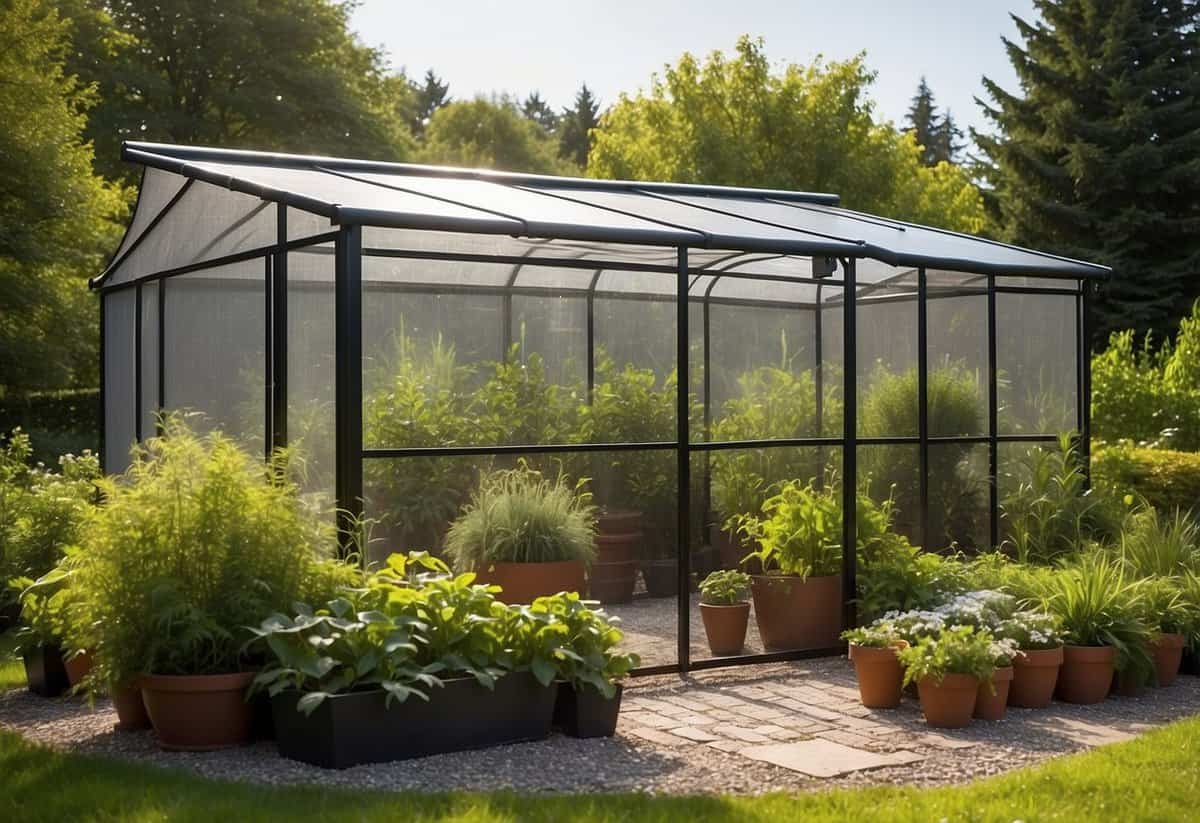 A sturdy, slanted roof over a lush garden, shielding plants from strong winds. Mesh screens or solid barriers offer additional protection