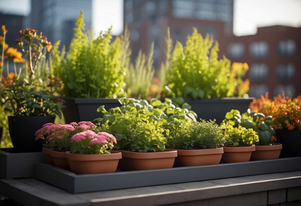 Lush green plants transition to vibrant fall colors in a rooftop garden. Pots of seasonal flowers and vegetables are strategically placed for optimal sunlight