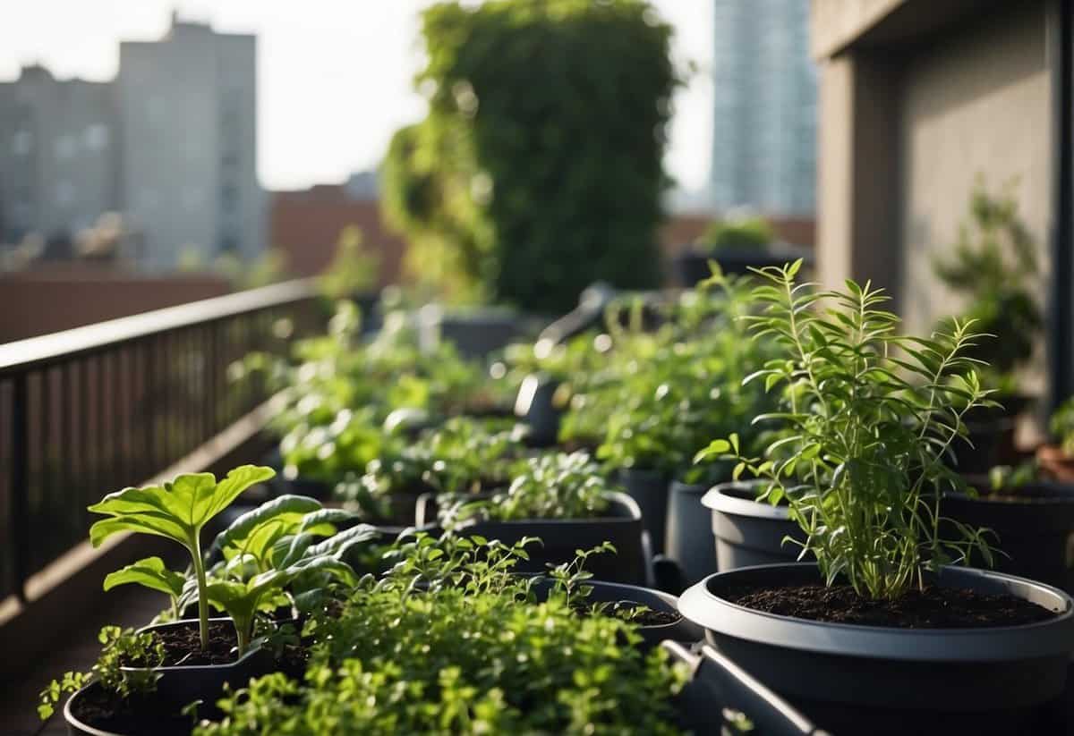 A rooftop garden with an irrigation system installed, plants thriving with water dripping from the system, surrounded by pots and greenery