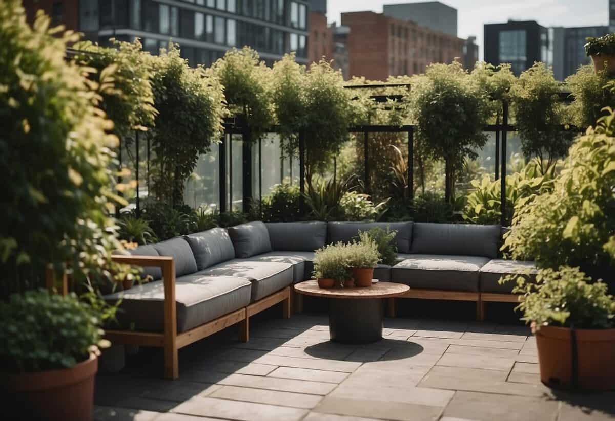 A cozy rooftop garden with inviting seating arrangements and lush greenery