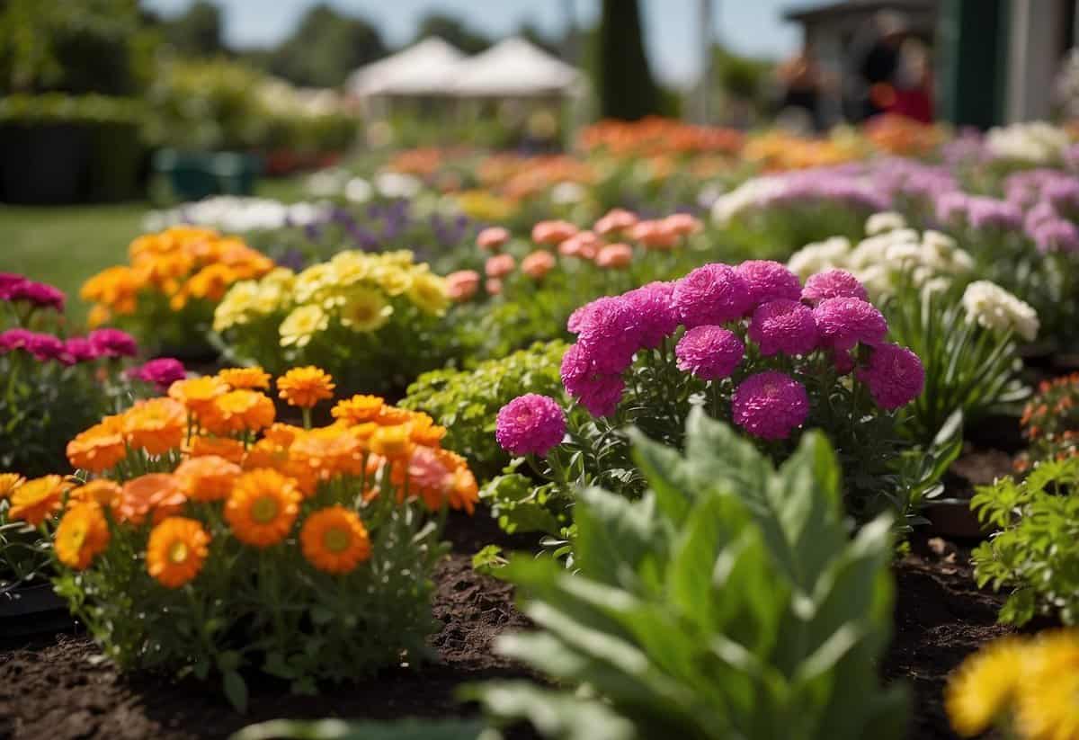 A colorful array of blooming flowers and lush green plants arranged in neat rows, with garden show tips displayed on signs and banners