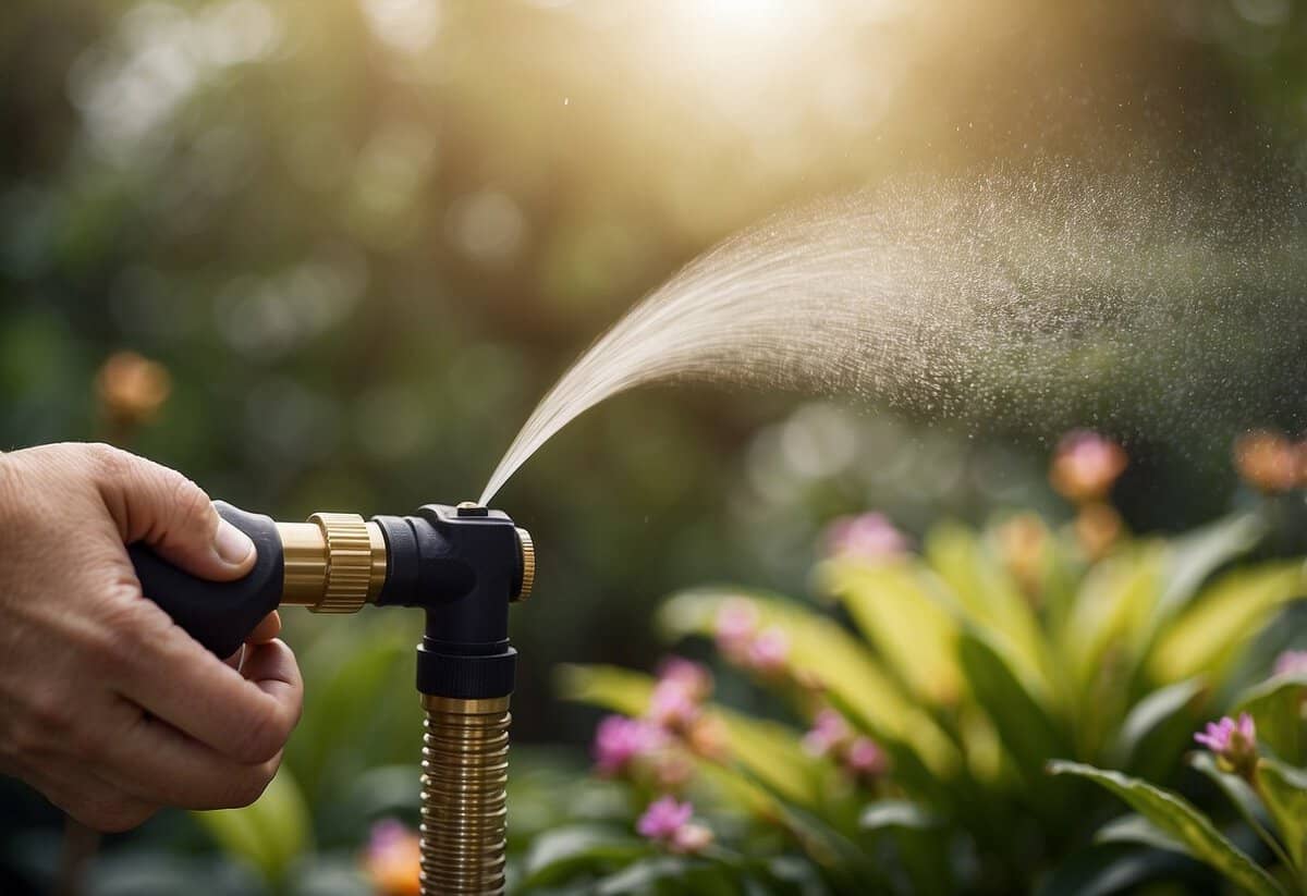 A hand holds a brass hose nozzle, adjusting the tip. Water sprays from the nozzle, creating a misty garden scene