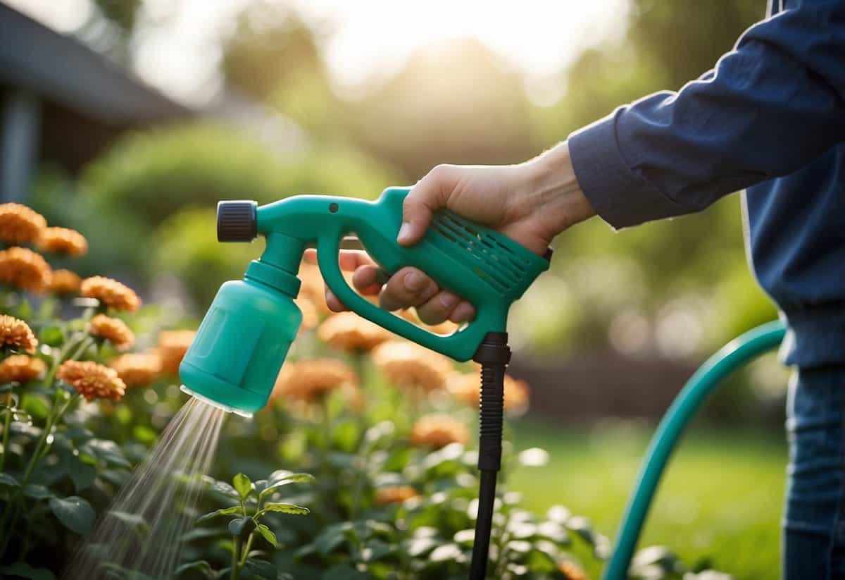 A hand holding a garden sprayer, adjusting the nozzle tip for different spray patterns