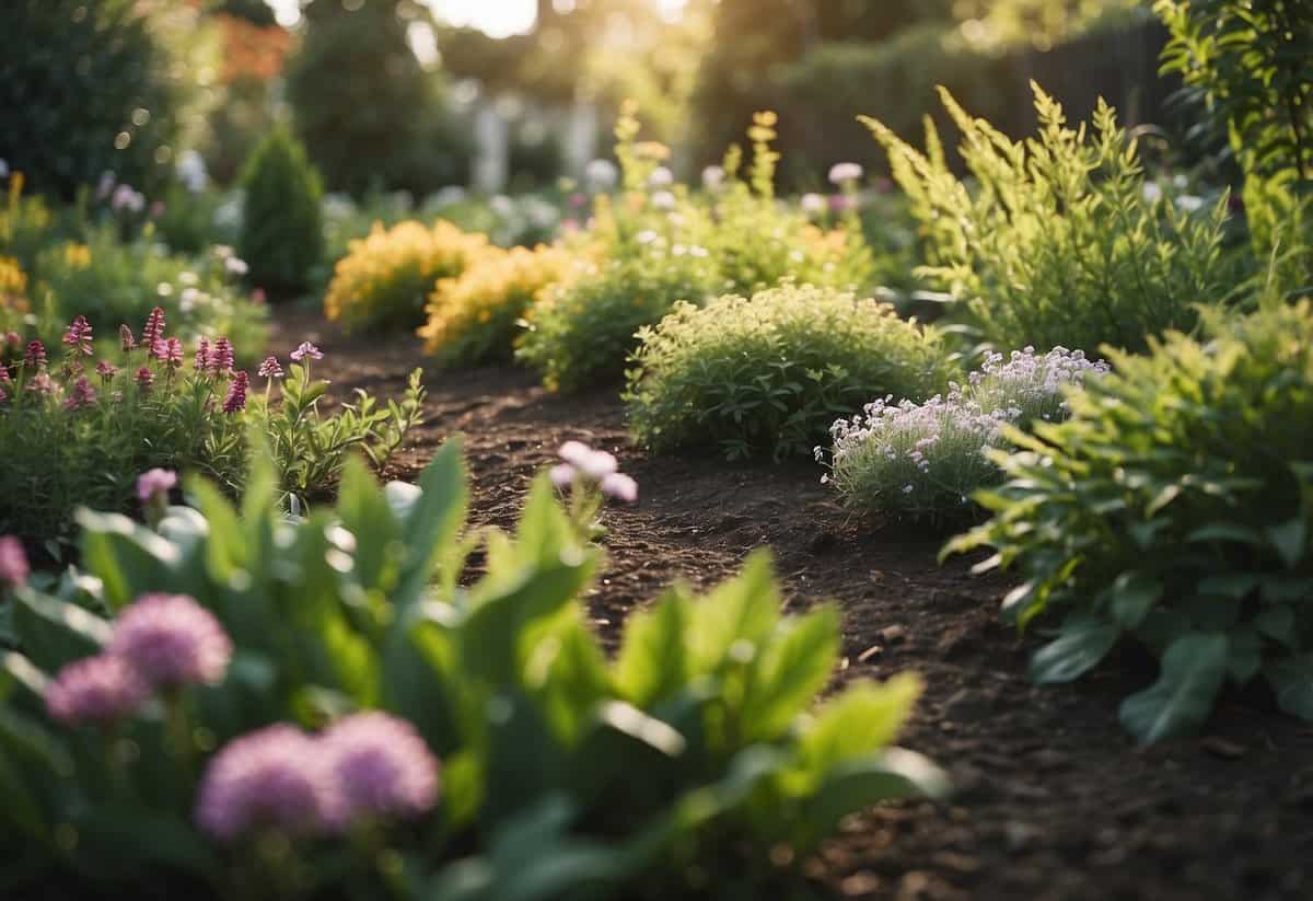 A garden with neatly spaced plants, free of weeds, with tips for proper spacing displayed nearby