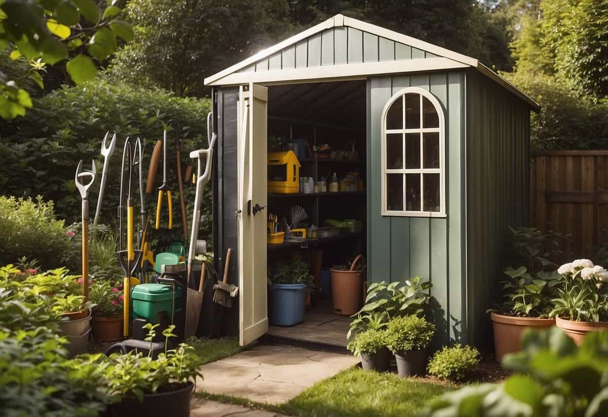 A tool shed stands in the center of a lush garden, surrounded by neatly arranged gardening tools and equipment. A sign nearby reads "Tool Sharing System" with instructions for community members