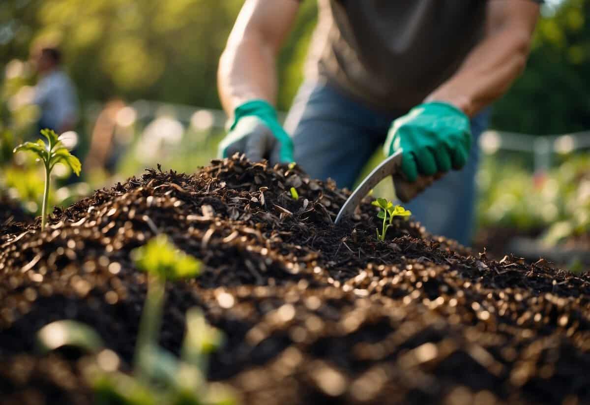 A gardener regularly spreads mulch over a well-tended allotment garden