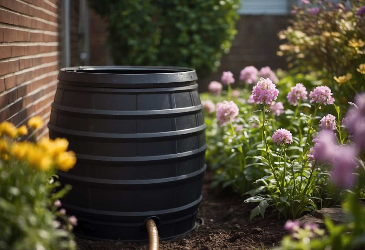 Rain barrels installed in a garden with April flowers blooming. A hose fills the barrels, while a person tends to the garden