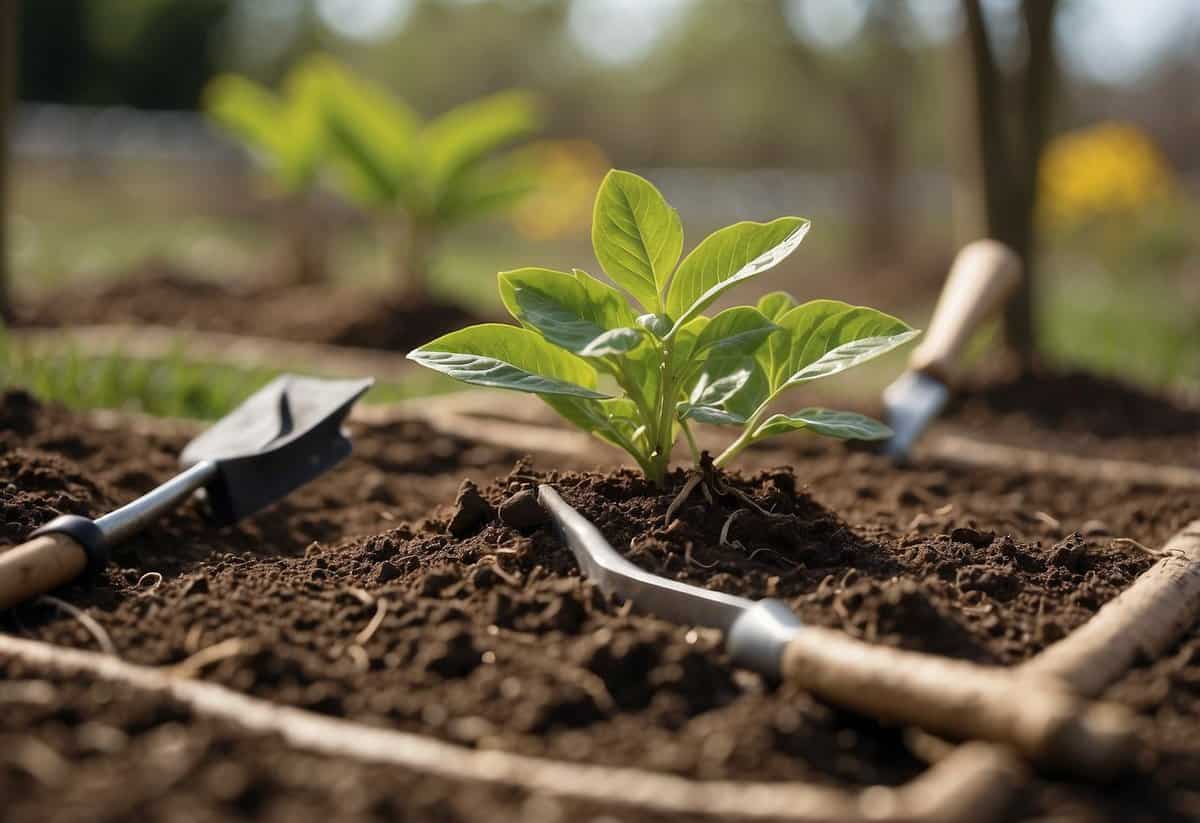 Bare-root trees planted in April garden, with surrounding soil and gardening tools