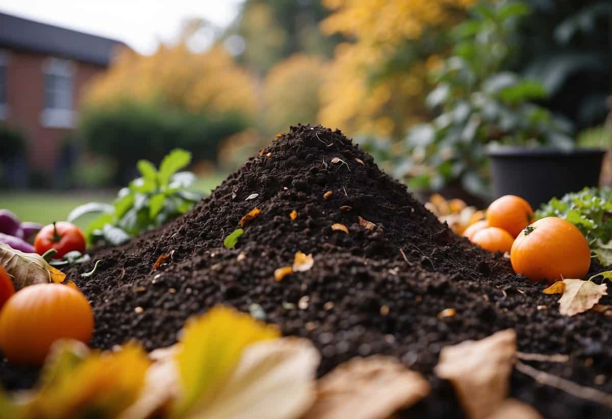 A pile of organic compost sits in the corner of a bountiful autumn kitchen garden, surrounded by colorful vegetables and fallen leaves