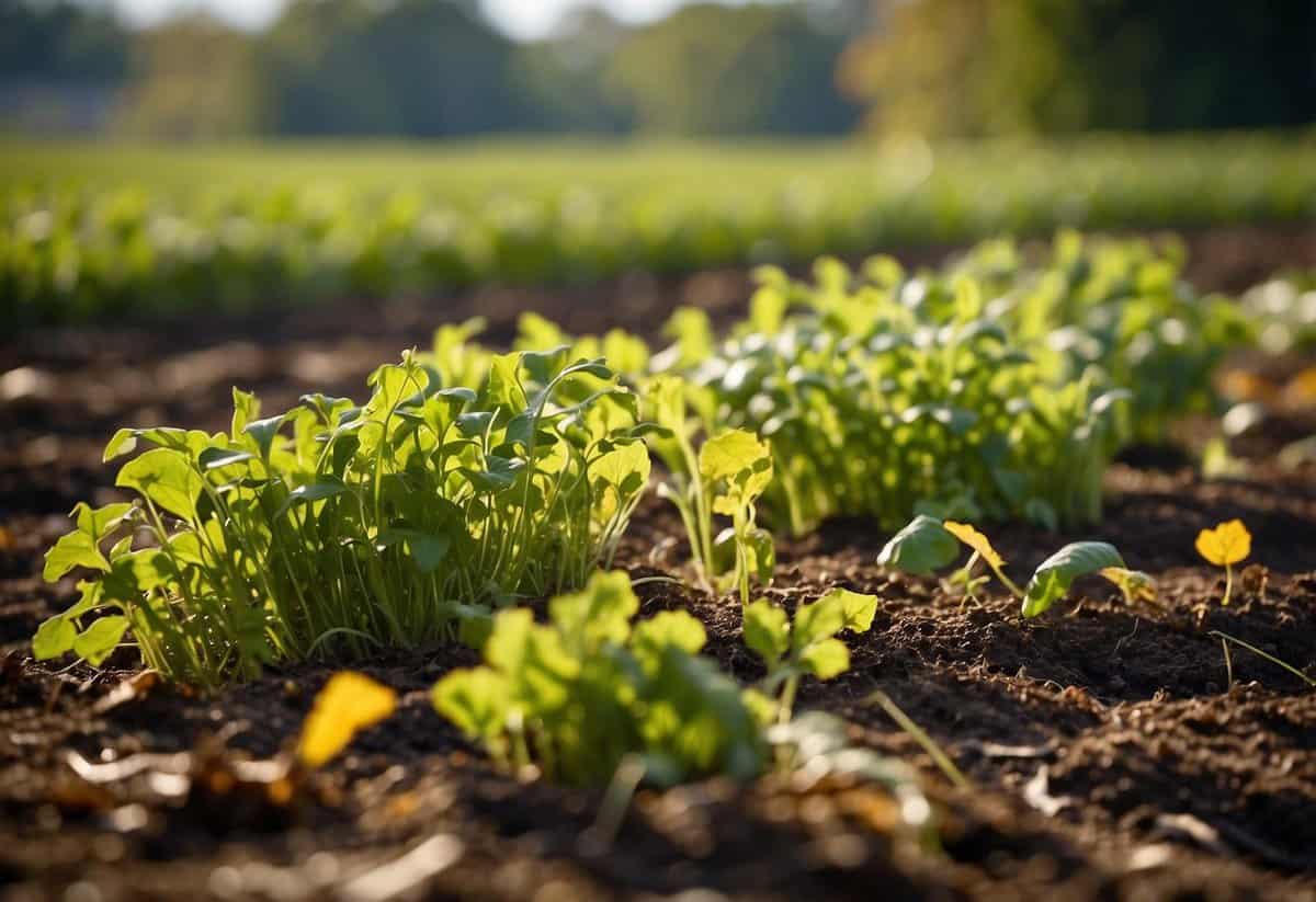 A colorful array of cover crops blankets the garden, enriching the soil and preventing erosion. Fallen leaves and ripe vegetables hint at the bountiful harvest to come