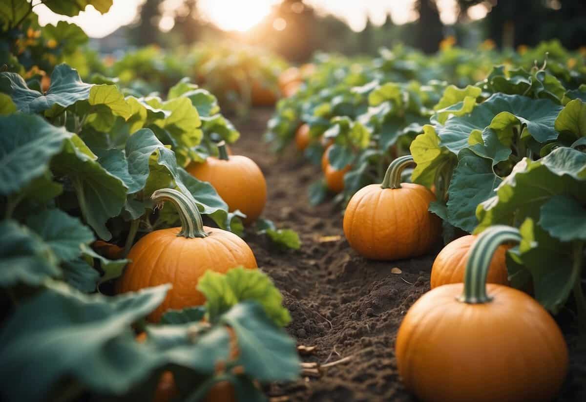 Lush pumpkin patch in a vibrant autumn kitchen garden