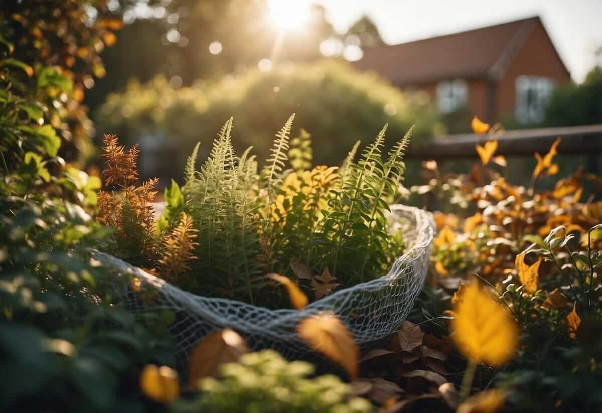 Lush garden with vibrant autumn herbs, surrounded by protective netting. Fallen leaves and warm sunlight create a cozy, seasonal atmosphere