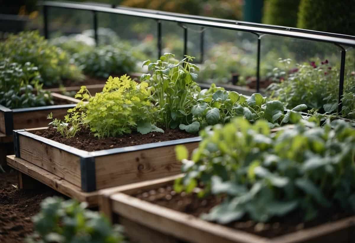 A garden with a variety of vegetables and herbs surrounded by cold frames, ready for autumn planting