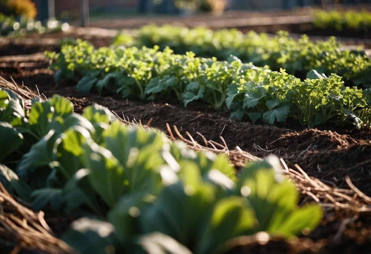 Lush green vegetable beds being mulched with straw in a February garden