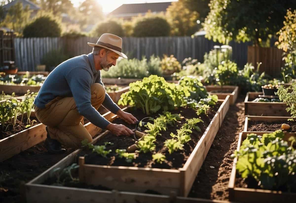 A sunny backyard with raised garden beds filled with flourishing winter vegetables. A gardener tends to the plants, surrounded by tools and seed packets