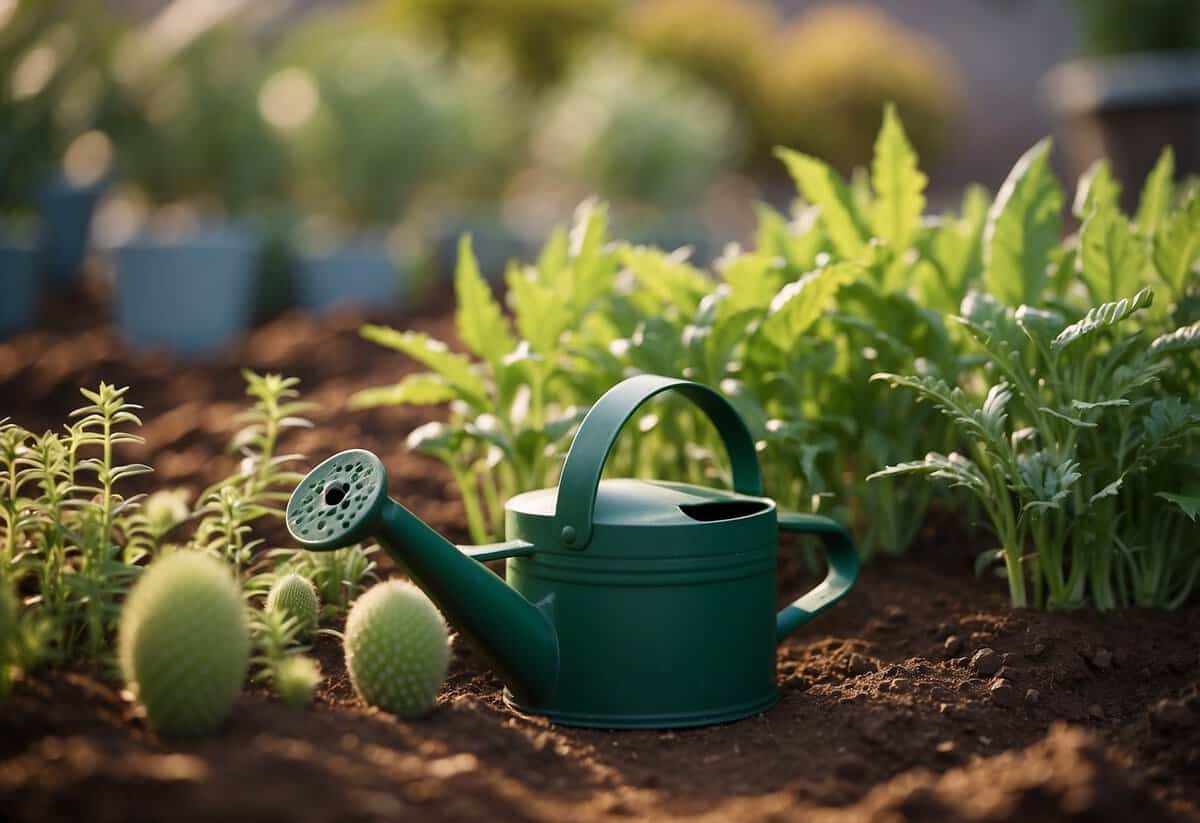 Lush green plants in a dry garden bed, with a small watering can nearby. It's February, and the vegetables are thriving despite the limited water supply