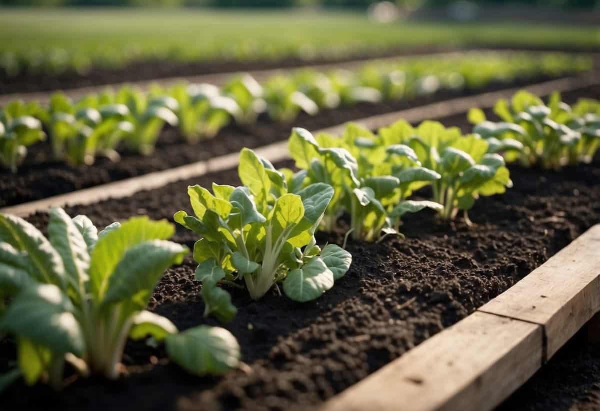 A well-maintained vegetable garden with various crops in rows, showing signs of rotation and care