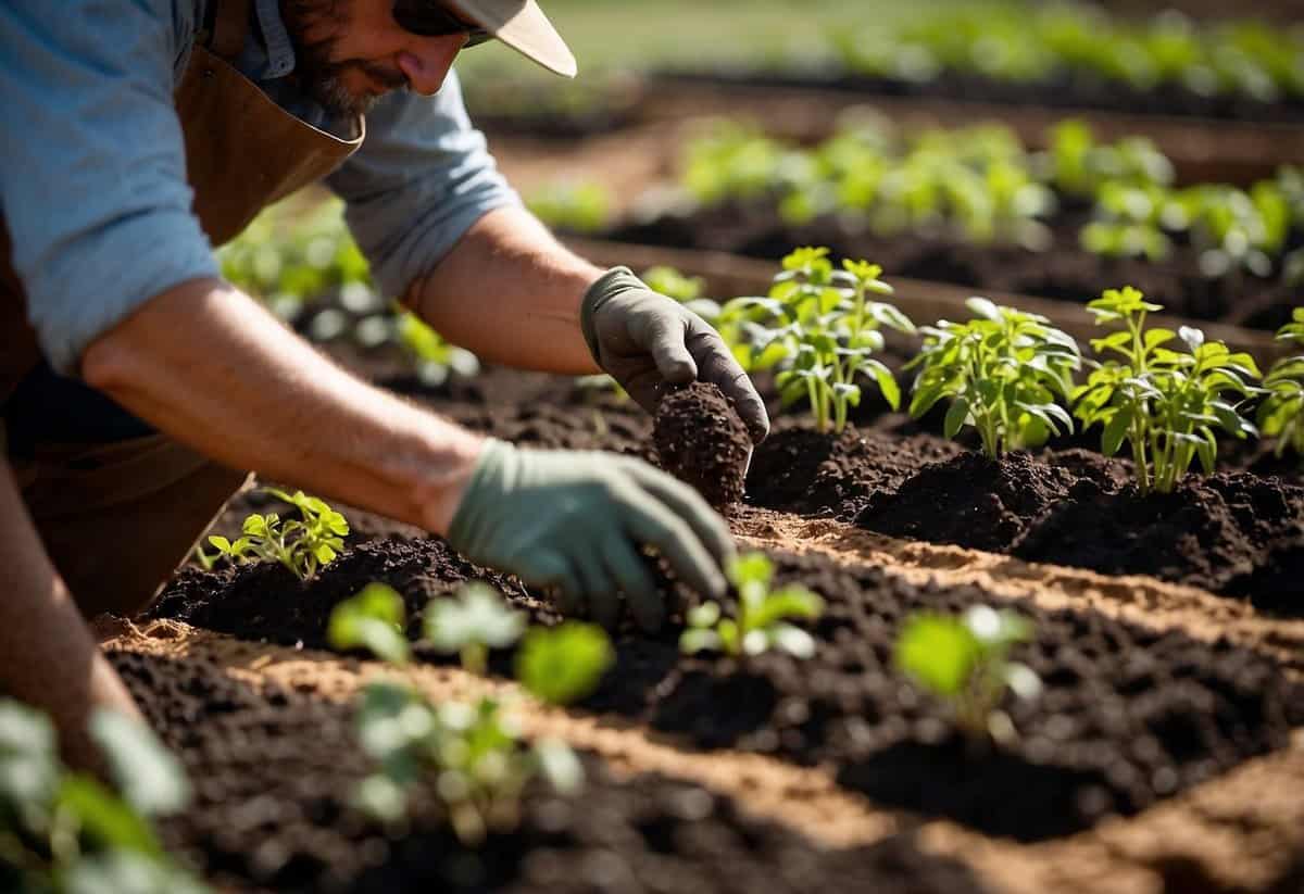 A gardener carefully plants seeds in neat rows, following the February vegetable garden tips. The soil is rich and dark, and the sun shines down on the garden