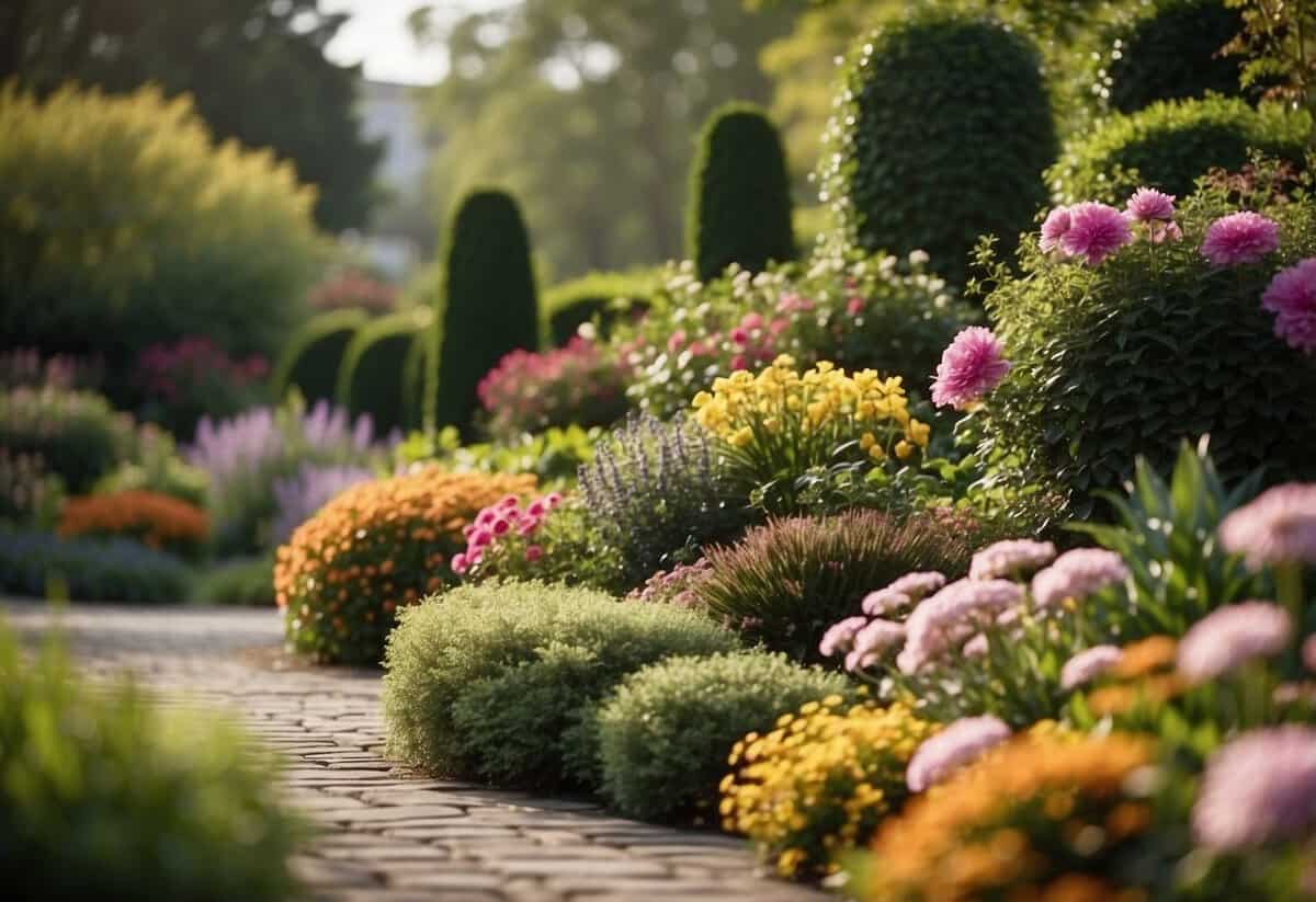 The front garden features curved walkways, winding around vibrant flower beds and lush greenery, creating a visually dynamic and inviting design