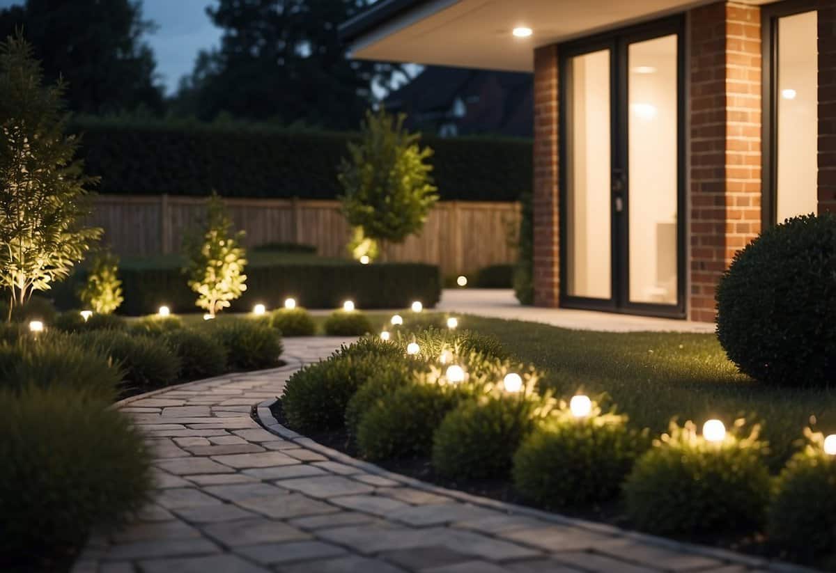 A front garden with integrated outdoor lighting, highlighting pathways and landscaping features