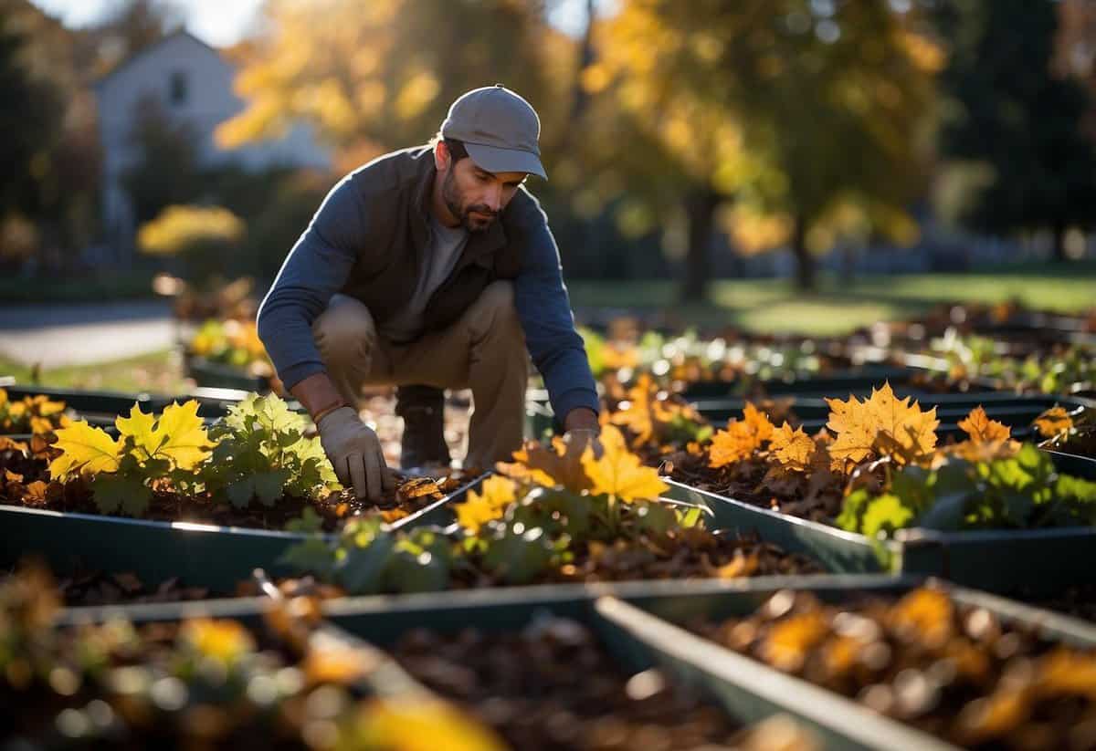 The gardener sets up cold frames in the October garden bed. Fallen leaves surround the raised frames, while the sun casts long shadows on the ground