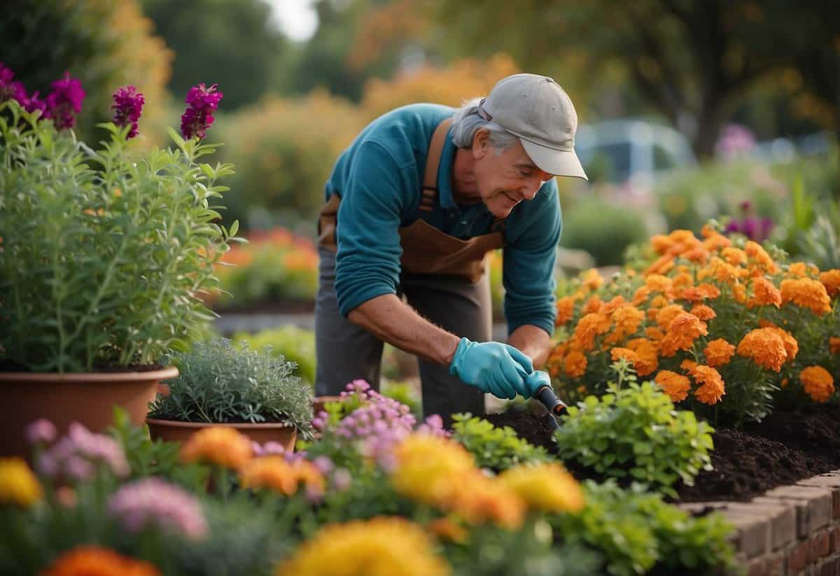 A gardener plants and tends to a vibrant October garden bed with colorful flowers and healthy green foliage