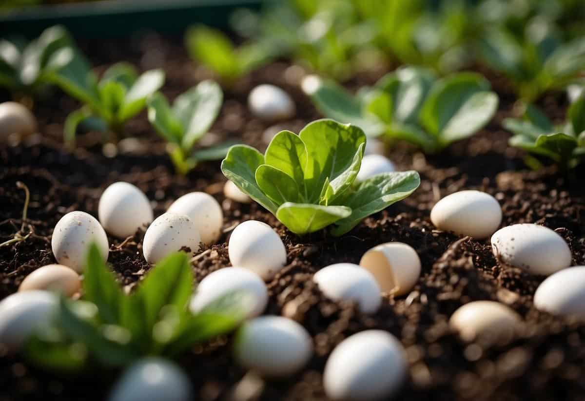 Crushed eggshells scattered around green plants in a garden bed