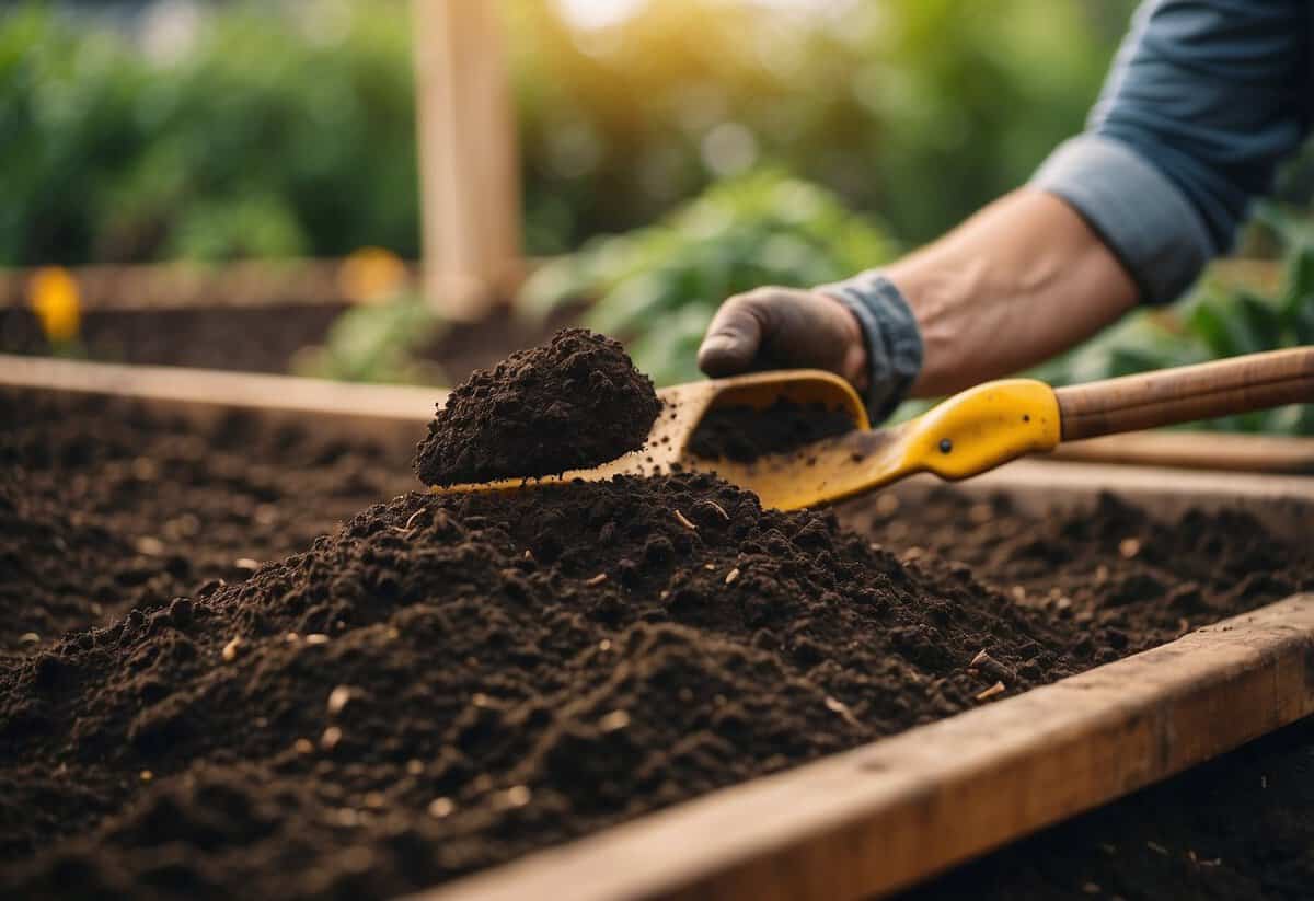 Rich soil being turned with a shovel, compost being mixed in, and raised garden beds being built