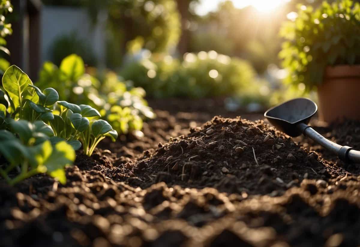 A garden bed with compost, shovel, and plants. A sign reads "Compost Quick Start Garden Tips." Sunlight shines down on the scene