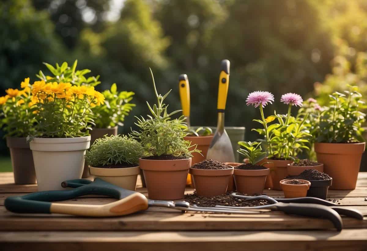 Gardening tools arranged neatly on a table, seed packets and plant pots ready, a sunny garden backdrop