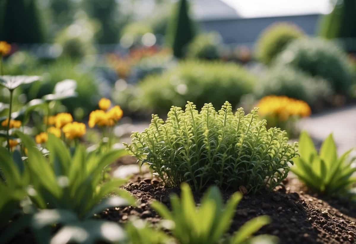 A garden with various pest-resistant plants in different seasons