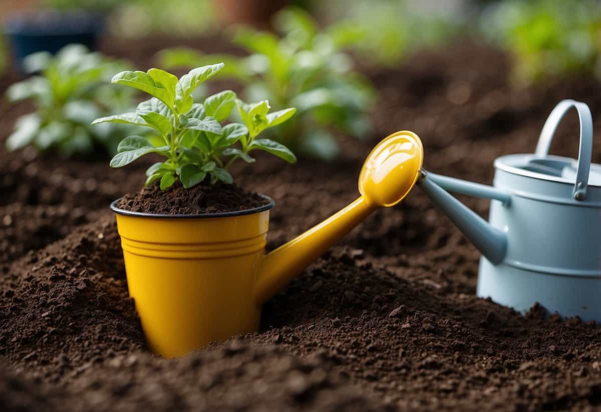 Rich loamy soil with visible organic matter. Potted plants with proper spacing and drainage. Mulch layer and watering can nearby