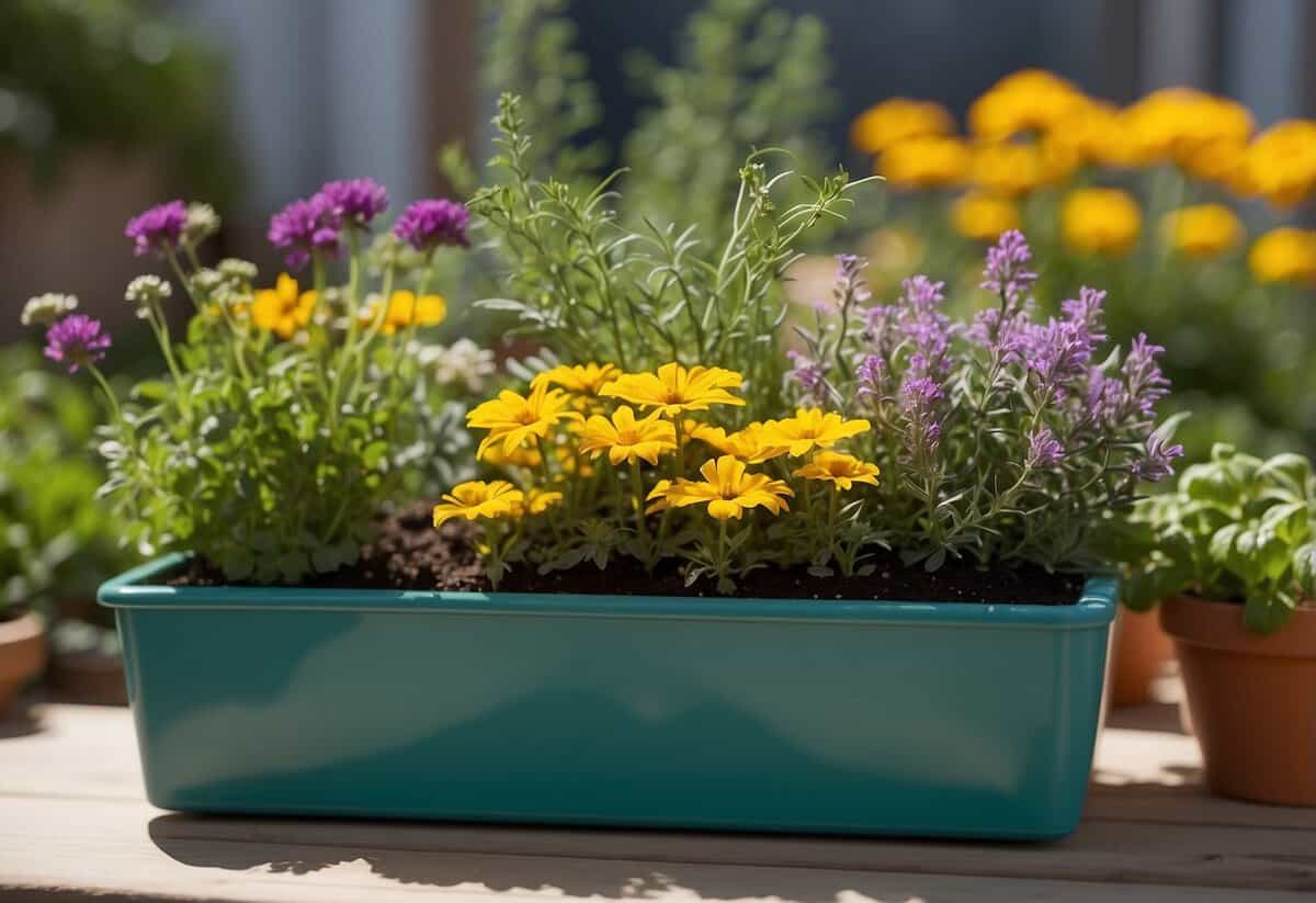 Vibrant flowers and herbs intermingle in a small container garden, demonstrating the concept of companion planting for a bountiful spring harvest