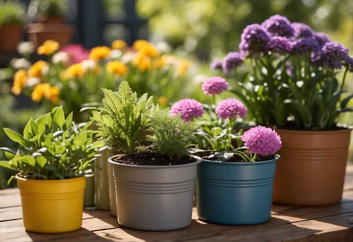 A variety of durable, weather-resistant containers filled with vibrant spring flowers and greenery, arranged in a sunny outdoor garden setting