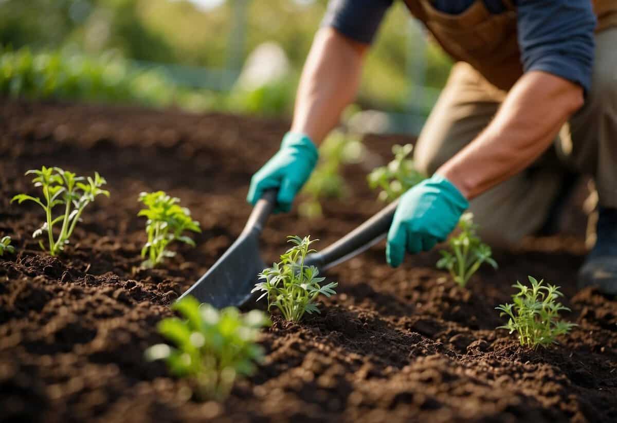 A gardener pulling small weeds from a freshly tilled garden bed, with a hoe and gloves nearby