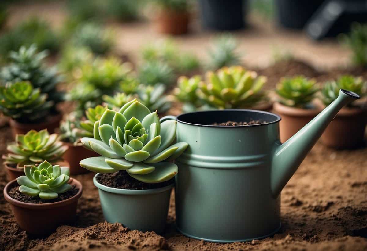 Lush green succulents in well-draining soil, with water draining freely from the bottom of the pot. A watering can sits nearby