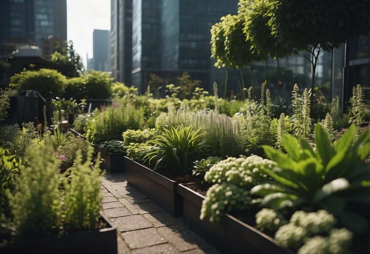 Lush urban garden with thriving pest-resistant plants, surrounded by tall buildings