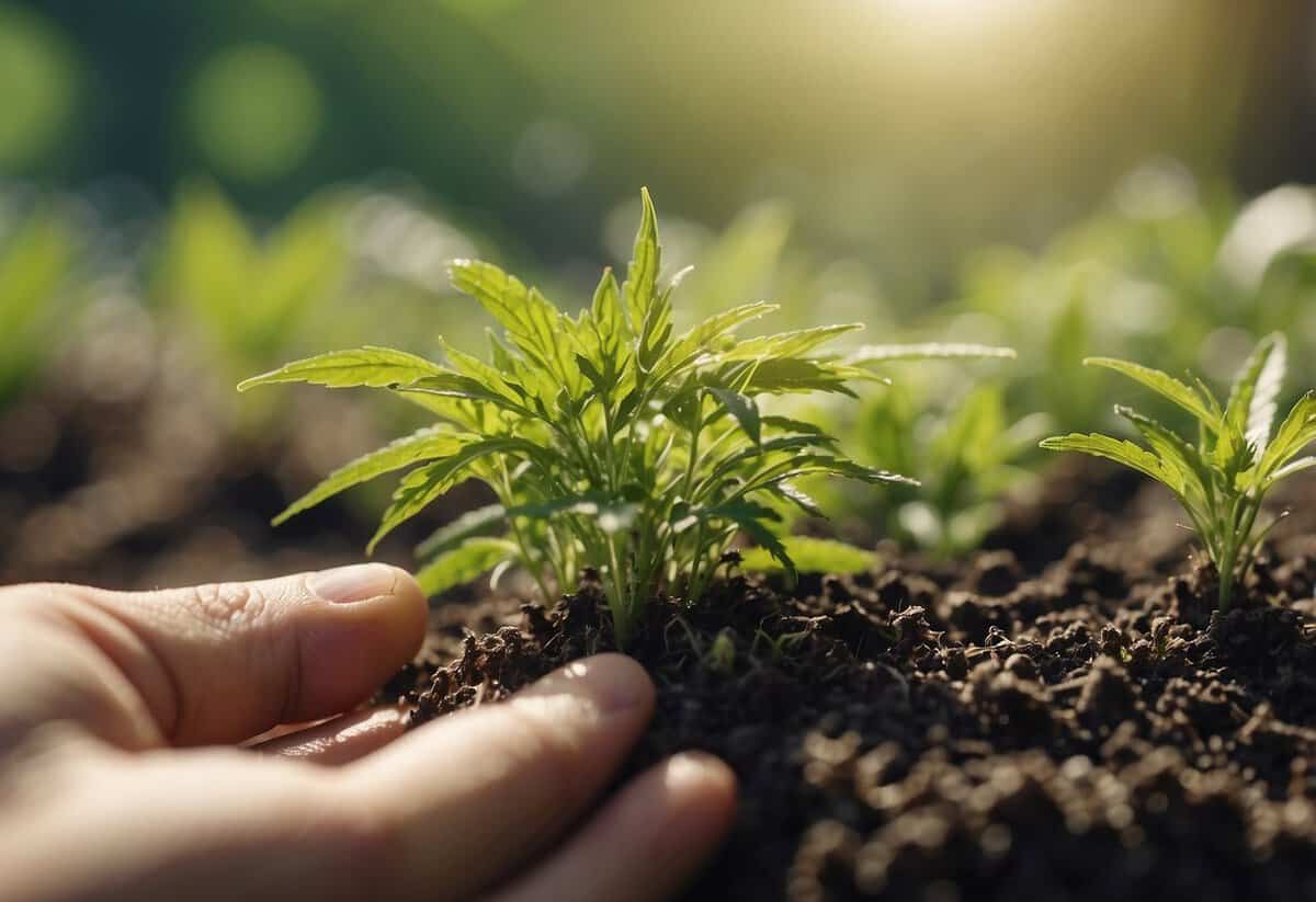 Small weeds being hand-pulled, with watering and weed tips visible